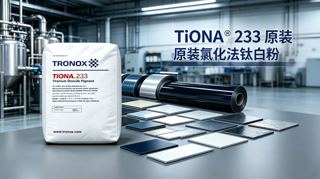 > TiONA 233 氯化法钛白粉,特诺 Tronox 包装袋,搭配卷钢卷材、涂料色板样板,工业工厂场景