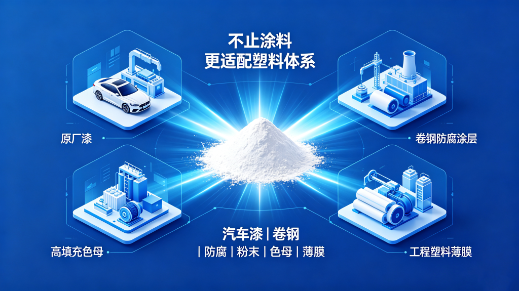 TiONA 233 钛白粉多应用场景等距信息图,覆盖汽车原厂漆、卷钢防腐、高填充色母、工程塑料薄膜