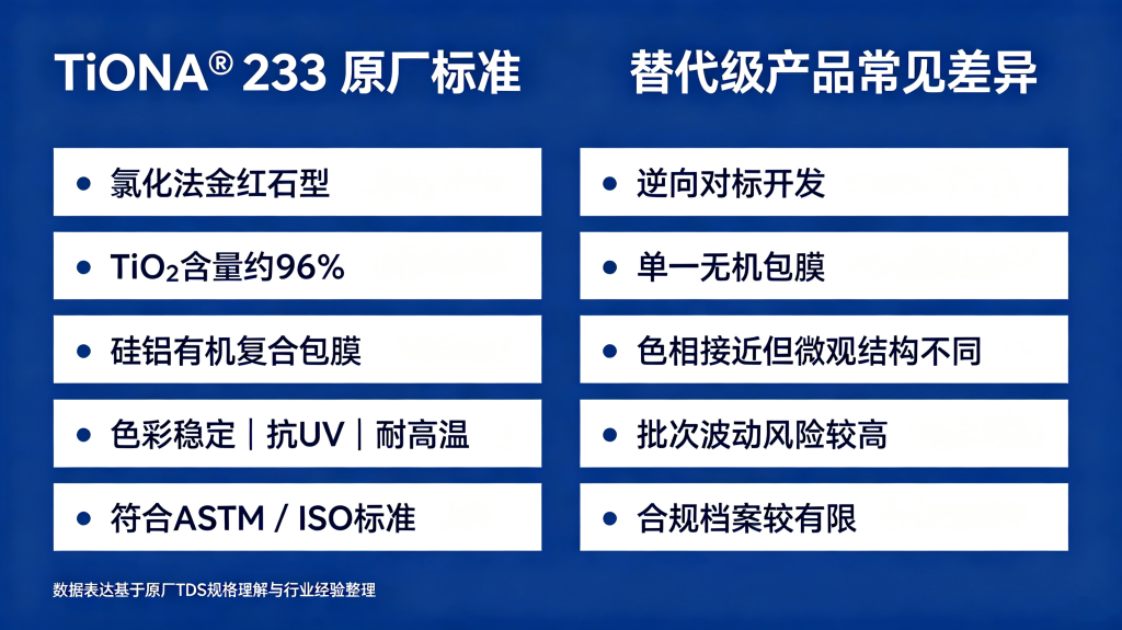 TiONA 233 原厂标准与替代产品对比表,对比工艺、包膜、色相稳定性、合规档案差异