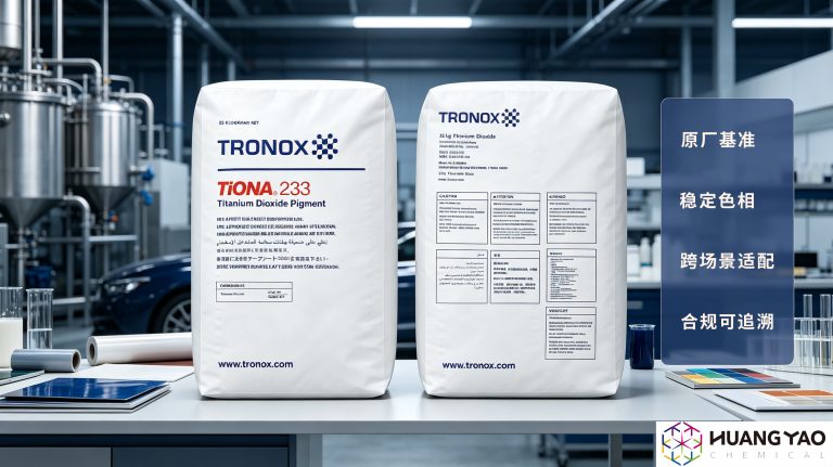 TiONA 233 氯化法金红石钛白粉，特诺 Tronox 工业原料包装袋，实验室工业场景